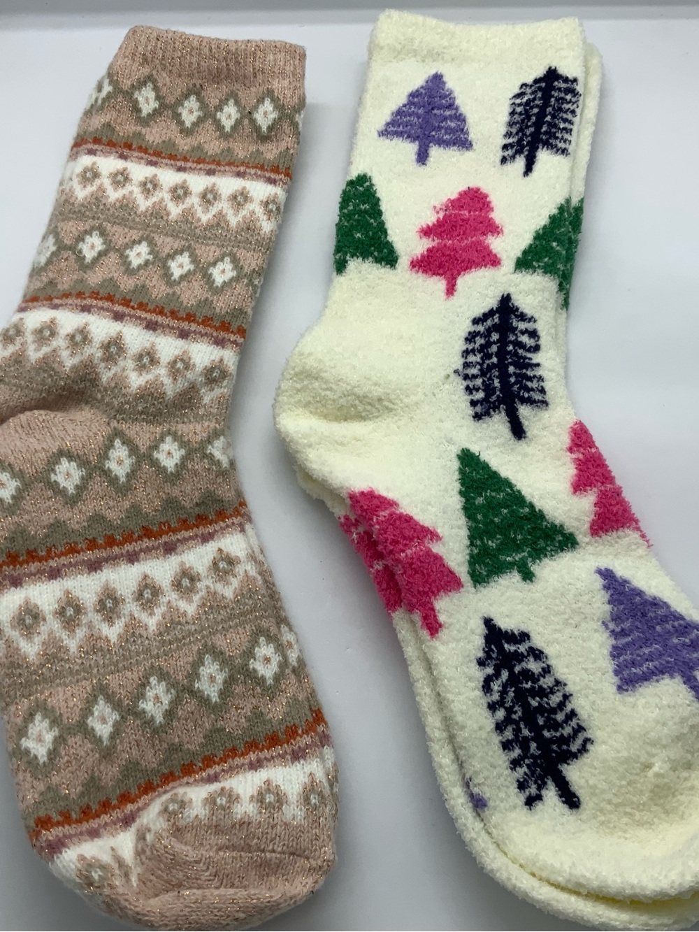 (2) Cozy Patterned Fuzzy Socks - Neutral Fair Isle & Cream Tree Print.